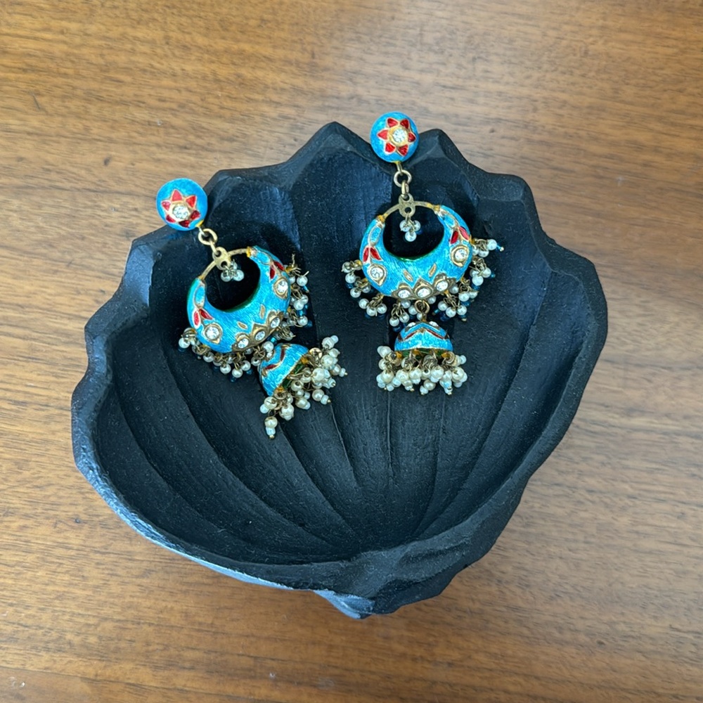 Vintage Indian Multicolor Enamel & Pearl Earrings